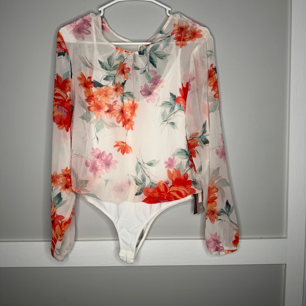 Melograno Rico Bodysuit Womens Small White Floral Sheer Long Sleeve Stretch